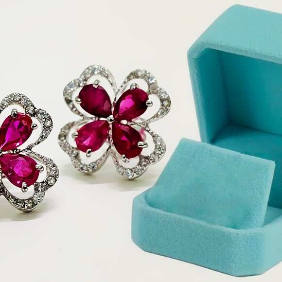 Sterling Silver Embedded Rubies Indian Handmade Women Earrings - Picture 2 of 5